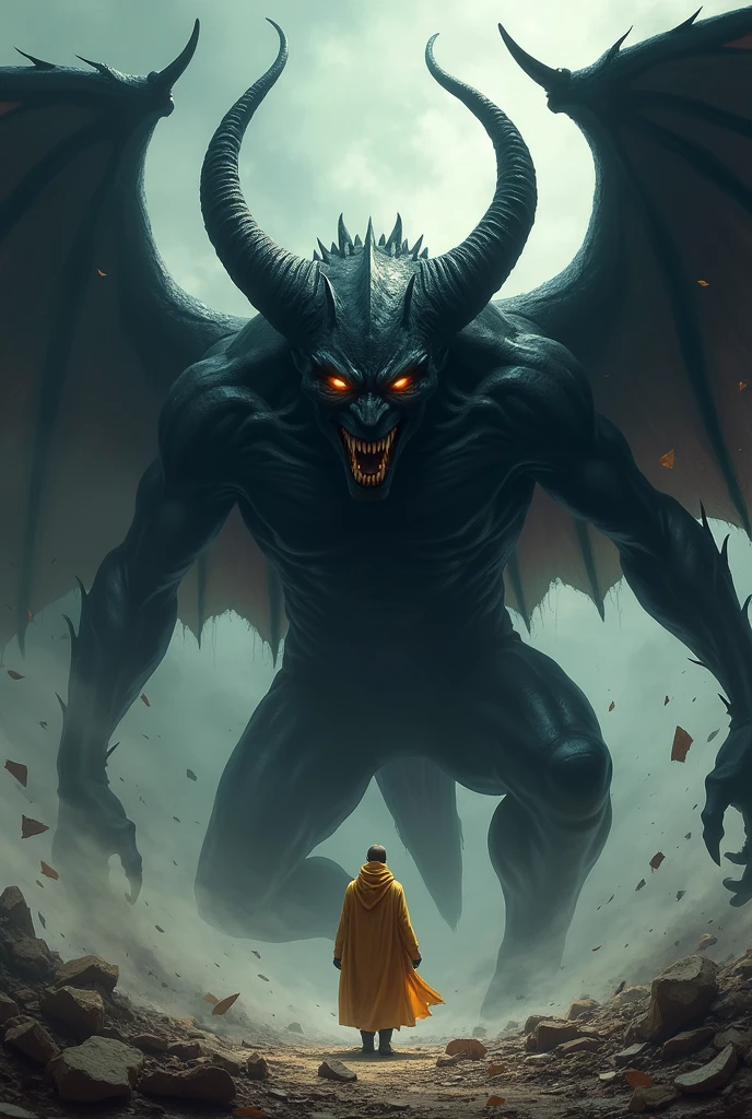 It conjures up an image of a giant, shiny black demon, whose face is twisted in evil, his eyes amber-colored, and his large black wings spread out from his back. Amidst the debris that is blown about by a mysterious wind, Gold stands in front of Kresen, tiny in comparison to the demon's enormous size. The overall atmosphere is terrifying and mysterious, emphasizing Kresen's evil and powerful nature, removing the human presence.