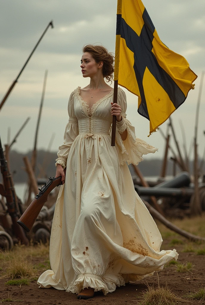 A lady in a war-stained white dress, in the 19th century, with allegories to freedom, in the style of the croix, and carry the flag in the shape of a cross, Swedish style, but with the yellow flag background and the black cross. and appear furious celebrating freedom on the battlefield, with rifles, dead, cannons, etc. the dress must be somewhat torn and stained, like his forehead.
