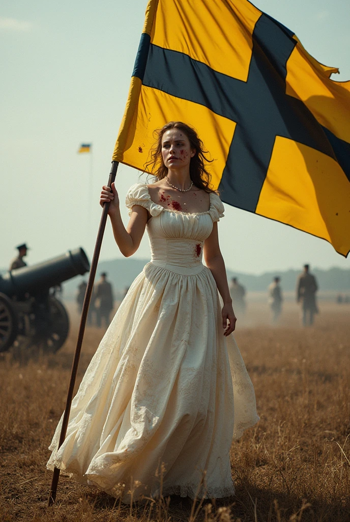 A lady in a war-stained white dress, in the 19th century, with allegories to freedom, in the style of the croix, and carry the flag in the shape of a cross, Swedish style, but with the yellow flag background and the black cross. and appear furious celebrating freedom on the battlefield, with rifles, dead, cannons, etc. the dress must be somewhat torn and stained, like his forehead.