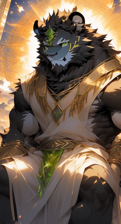 alone,masterpiece,Humanity,male,jaggers(black body),(((Fluffy black fur all over the body))),Show the whole body,Highest quality, masterpiece, scale,Delicate face,Delicate eyes,High-density illustration, Full-body display,Beautiful yellow-green eyes, (Zoroastrian God:1.1, The great god of life and death),strict,Strong Body, (Looking at the camera from the front, Beautiful contrast of colors), Zoroastrian luxury clothing, (((On her head she wears a jet black crown decorated with a large peridot.)))、He had a big stick, ((A stone monument with intricate inscriptions)) ,((In the background is a mural and a magic circle,)), Old ruins,Daytime, 