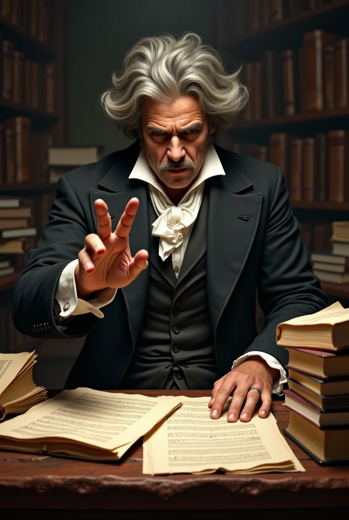 Beethoven crossing out traditional textbooks, pointing to his music sheets