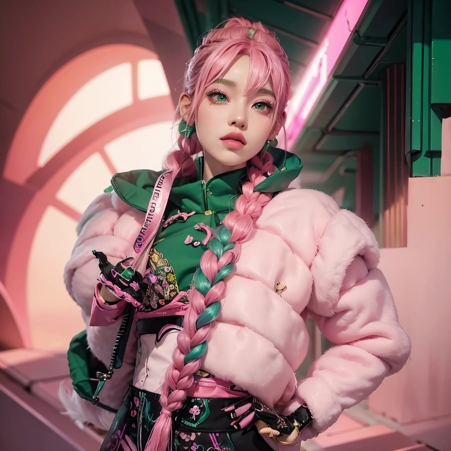 aVATAR SECOND LIFE korean girl wearing green coat,, pink hair, pink hair, pink hair, Asian, Perfect and detailed face, imvu, maximalist details, AVATAR SECOND LIFE Korean blusa , neon