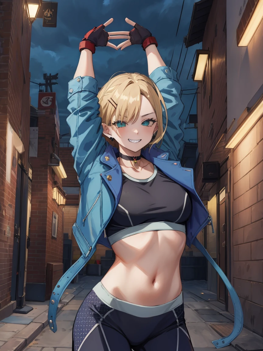 Portrait, official art, best masterpiece, best quality, best resolution, 8K, best detailed, perfect anatomy
break
cammy stretch \(meme\), stretching, arms up
break
1girl, solo, kurumi noah, hairclip, hair ornament, bow, jewelry, medium breasts, cute
break
cammy white, scar on cheek, black choker, collarbone, blue jacket, cropped jacket, open jacket, sports bra, midriff, fingerless gloves, black gloves, black pants
break
(lewd smile), grin
break
Back alley, downtown, (night, midnight, darkness:1.4), very fine and detailed 16KCG wallpapersrs