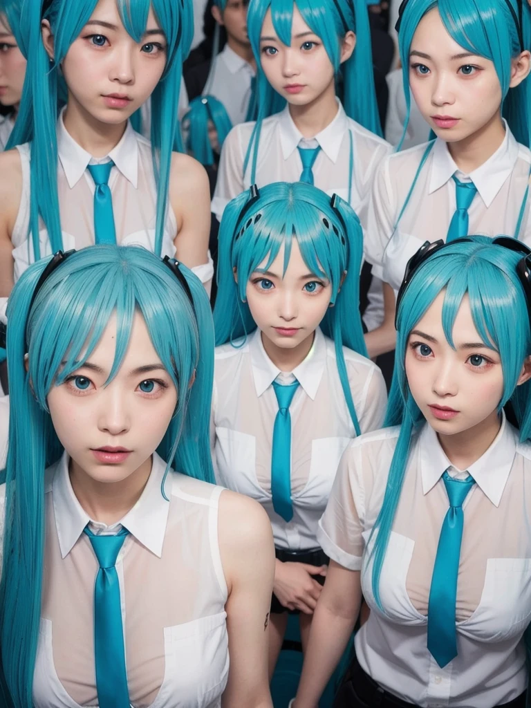 ((Description of Super Giant、8k、Realistic、hatsune miku、Cosplay、Japanese women、Cosplayイヤー、Large Breasts、Very detailed、50,000ft、Much larger than a skyscraper、very small metropolis, Miniature metropolis, 靴の高さしかないMiniature metropolisで、Description of the whole body、Walking from afar、Top View))、((There are many cloned humans who have the exact same face and body shape as the hatsune miku: 1.8))