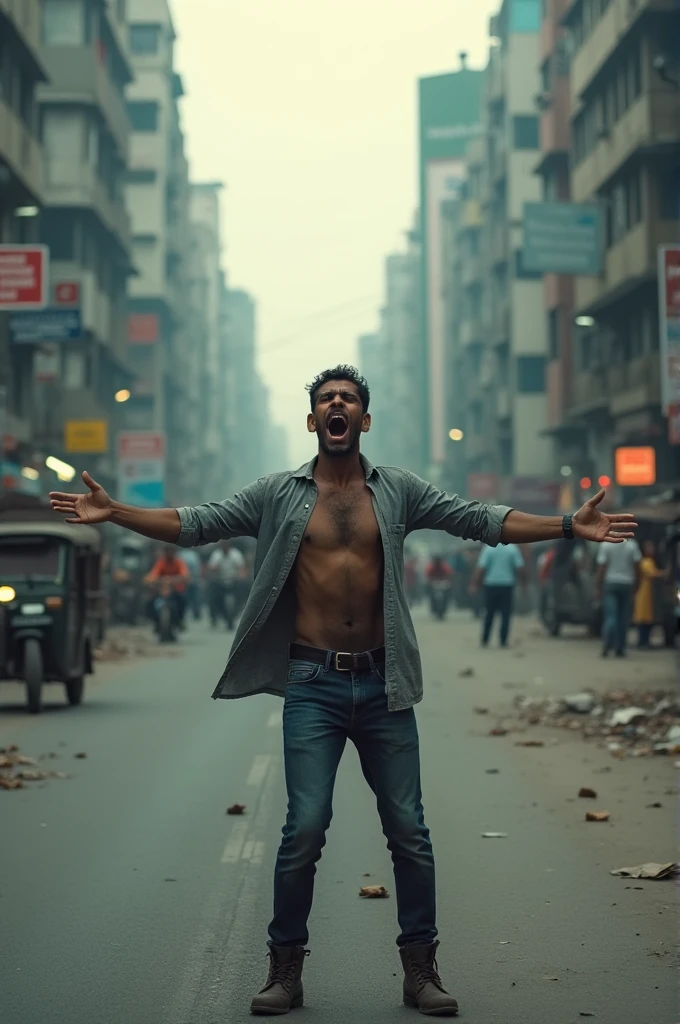 A tense urban scene set on a road in Dhaka, where a man is depicted after being shot in the chest. He stands with his arms stretched out straight, his expression a mix of shock and pain. The surrounding environment shows the hustle of the city, with buildings and vehicles in the background. The atmosphere is charged with intensity, capturing the dramatic moment in the middle of a busy street.