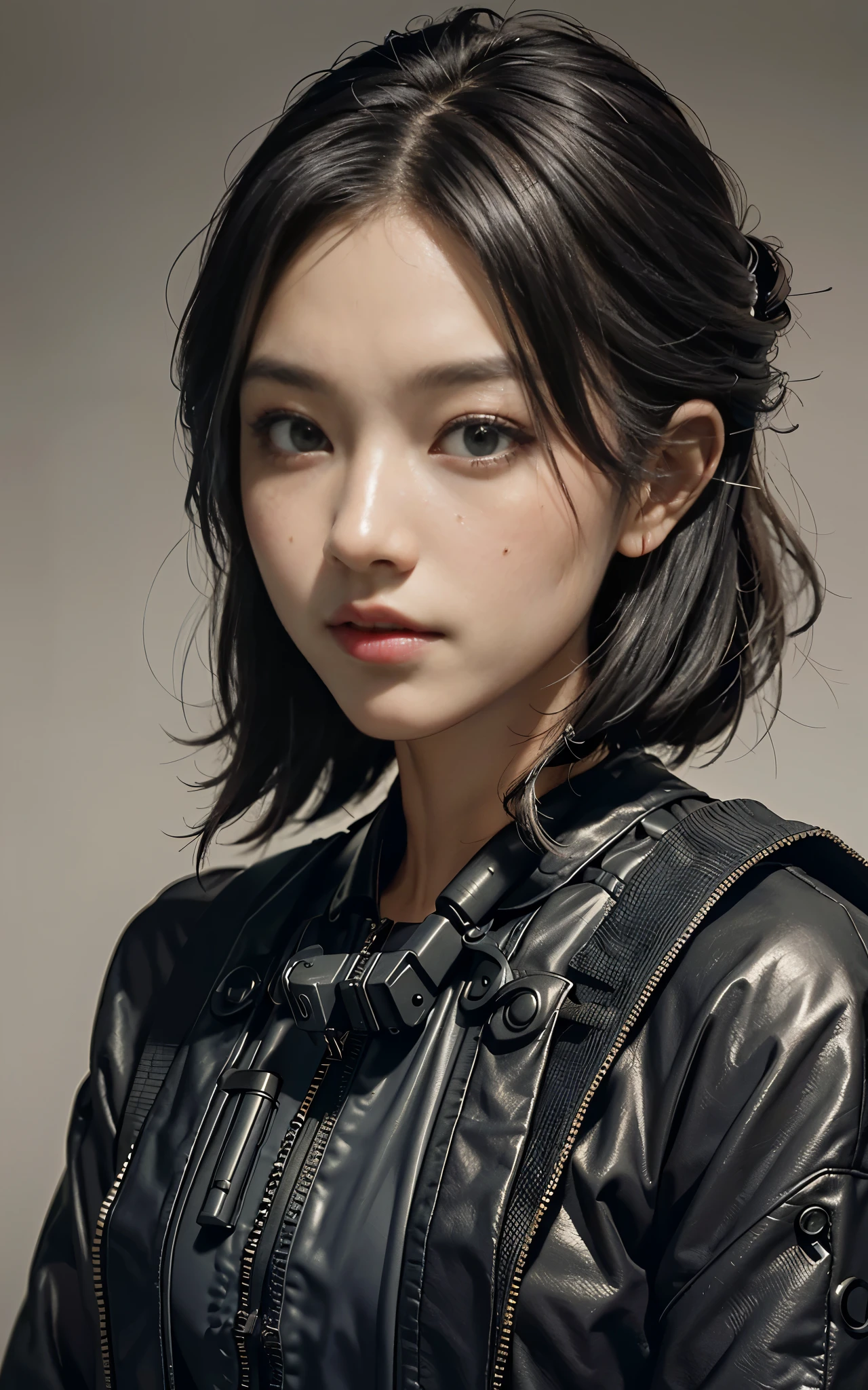 ((Best Quality, 8K, Masterpiece: 1.3, best quality)), photorealistic, photorealism, high resolution, ((face close up:1.2)), (detailed face skin, reallistic, Photorealsitic:1.37), face of 1girl, japanese, looking at the viewer, (Detailed face), medium long hair, (wearing dark rubber suit, tactical vests, military harness, high-tech headset), concrete wall background,