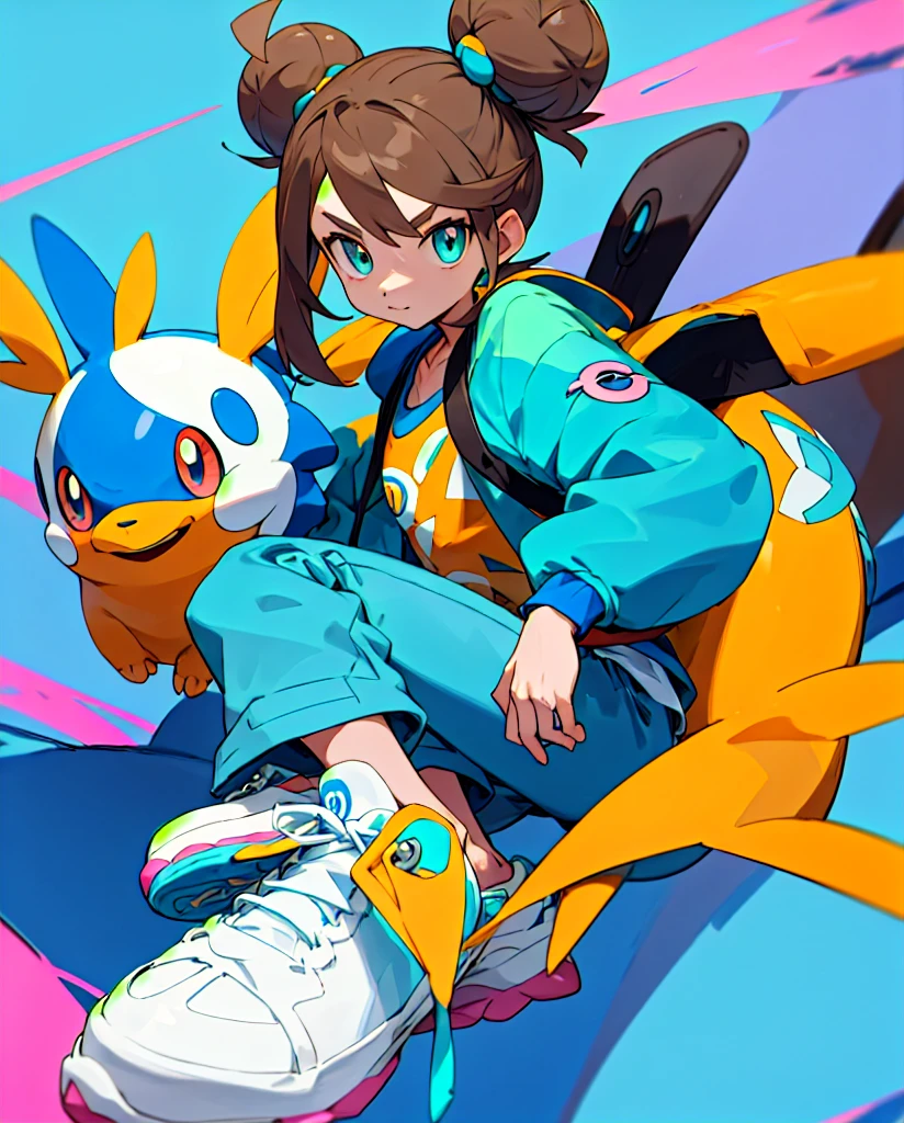 Do then
Pokemon style drawing. Light brown bun hair, slickedback hair, dark shaped eyes. Turquoise jacket, short azul, white sneakers. Com mochila tye dye. Next to pokemon mudkip.