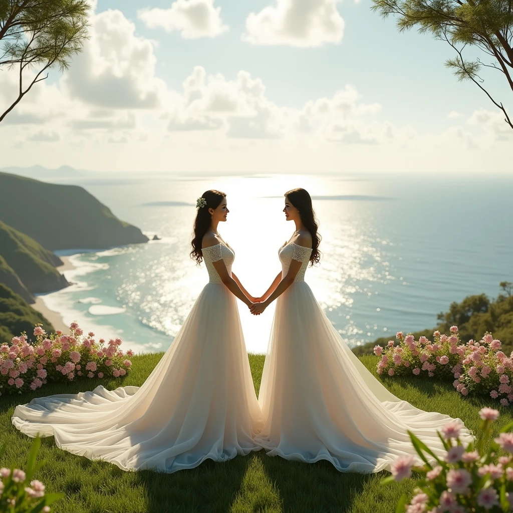 Two brides having their wedding on a hill overlooking the sea