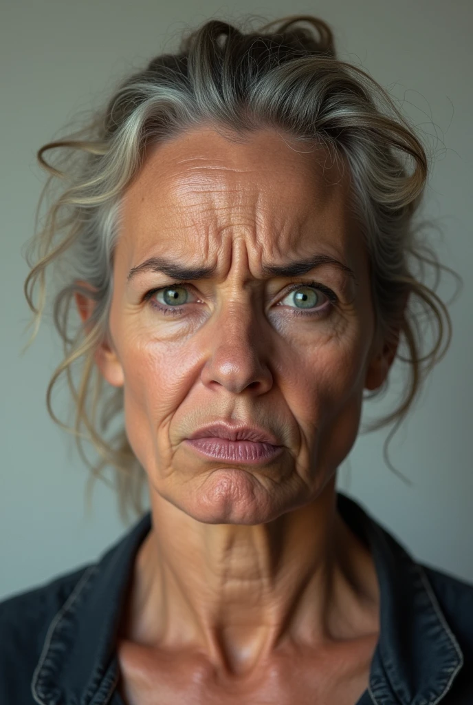 create a woman who is outraged by her wrinkles and expression lines