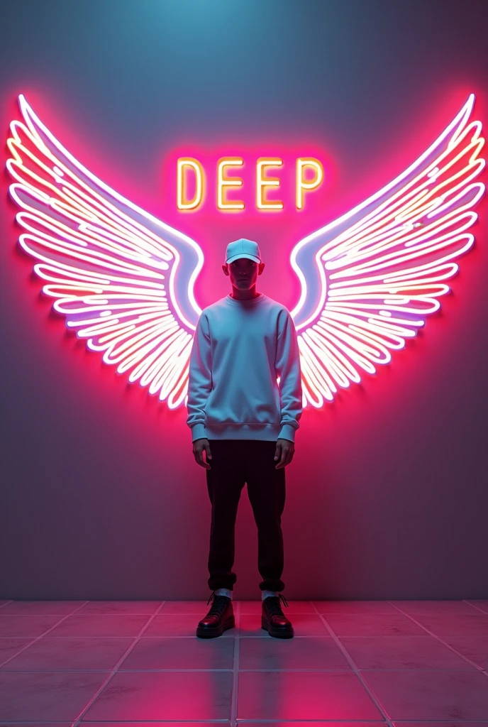  In this striking and futuristic scene, a mysterious individual stands confidently in front of a mesmerizing neon wall. The individual’s casual attire – a white sweater, white cap, black pants, and black shoes – contrasts with the vibrant neon wings in indian flag color, symmetrically placed on either side of the figure. The bold red neon quote “DEEP” adds an inspiring touch to the composition. The floor, made of tiles, reflects the grayish hue of the wall

