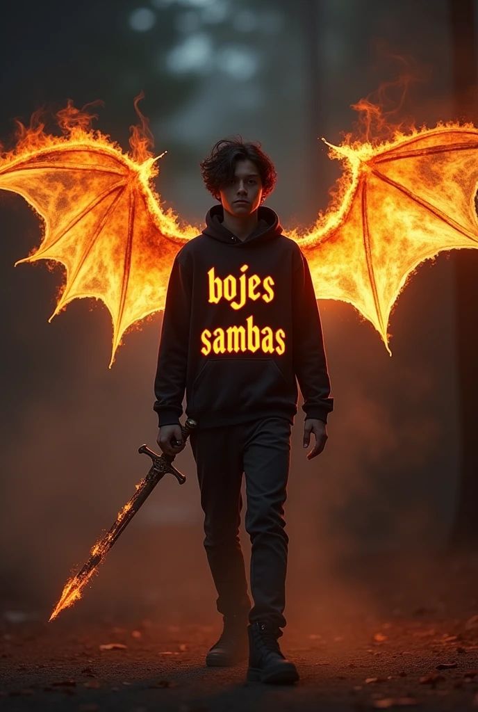 Realistic photo, showing a young man with emo hair, wearing a hoodie with the words, "bojes sambas" on fire, carrying a long sword, bat wings spread wide and very large, made to walk, thin wisps of smoke forming the name "bojes sambas" thick tribol part the front looks like it's on fire, the dark background is smoky with flames, very realistic ultra UHD 8k.