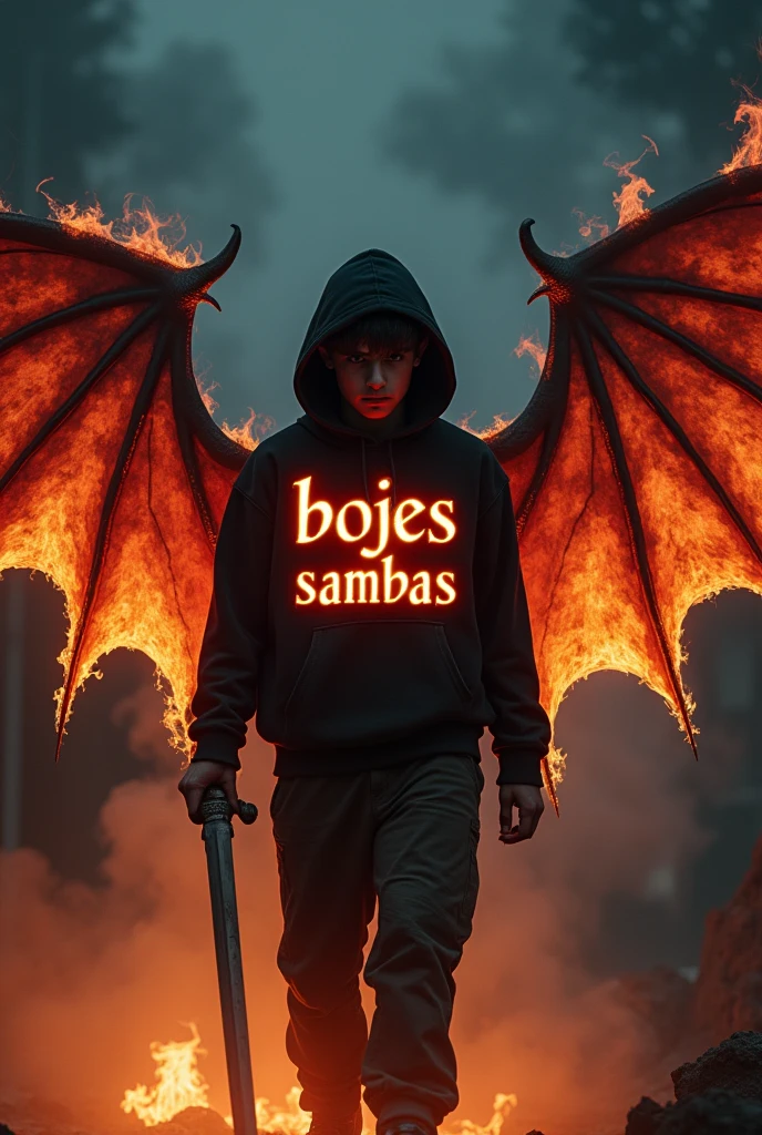 Realistic photo, showing a young man with emo hair, wearing a hoodie with the words, "bojes sambas" on fire, carrying a long sword, bat wings spread wide and very large, made to walk, thin wisps of smoke forming the name "bojes sambas" thick tribol part the front looks like it's on fire, the dark background is smoky with flames, very realistic ultra UHD 8k.