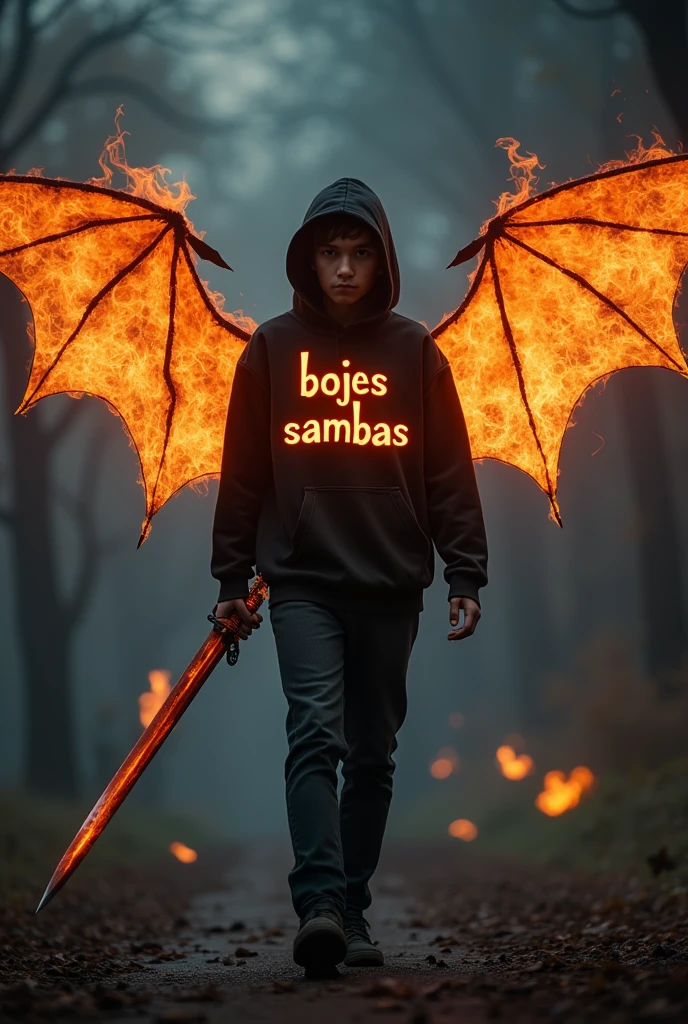 Realistic photo, showing a young man with emo hair, wearing a hoodie with the words, "bojes sambas" on fire, carrying a long sword, bat wings spread wide and very large, made to walk, thin wisps of smoke forming the name "bojes sambas" thick tribol part the front looks like it's on fire, the dark background is smoky with flames, very realistic ultra UHD 8k.