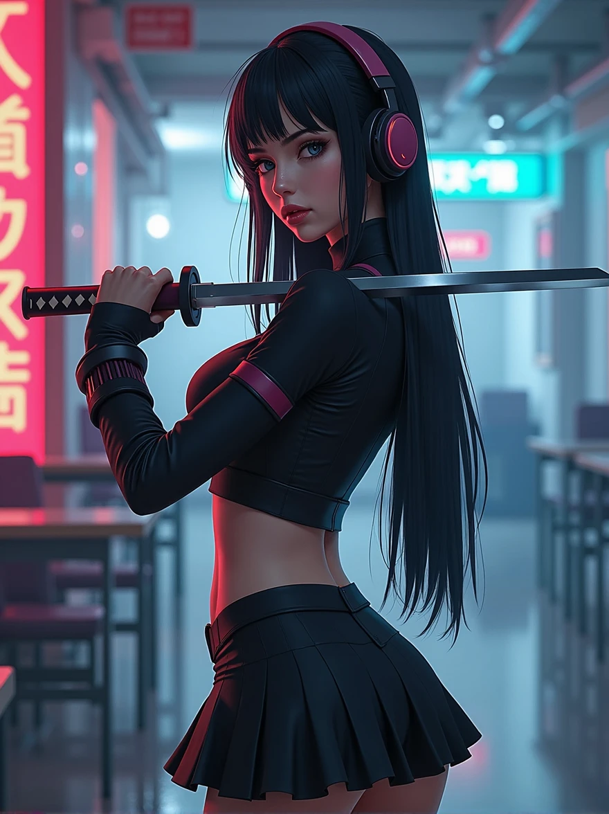 1woman,matured,perfect body,tall ,drawing a katana stance,stoic ,calm,cyber punk,school dress,skirt,high tech head phones,anime school scene,blunt bang hair,super long black hair,high tech cyber punk outfit,close up shot, AnimagineXL v3.1,