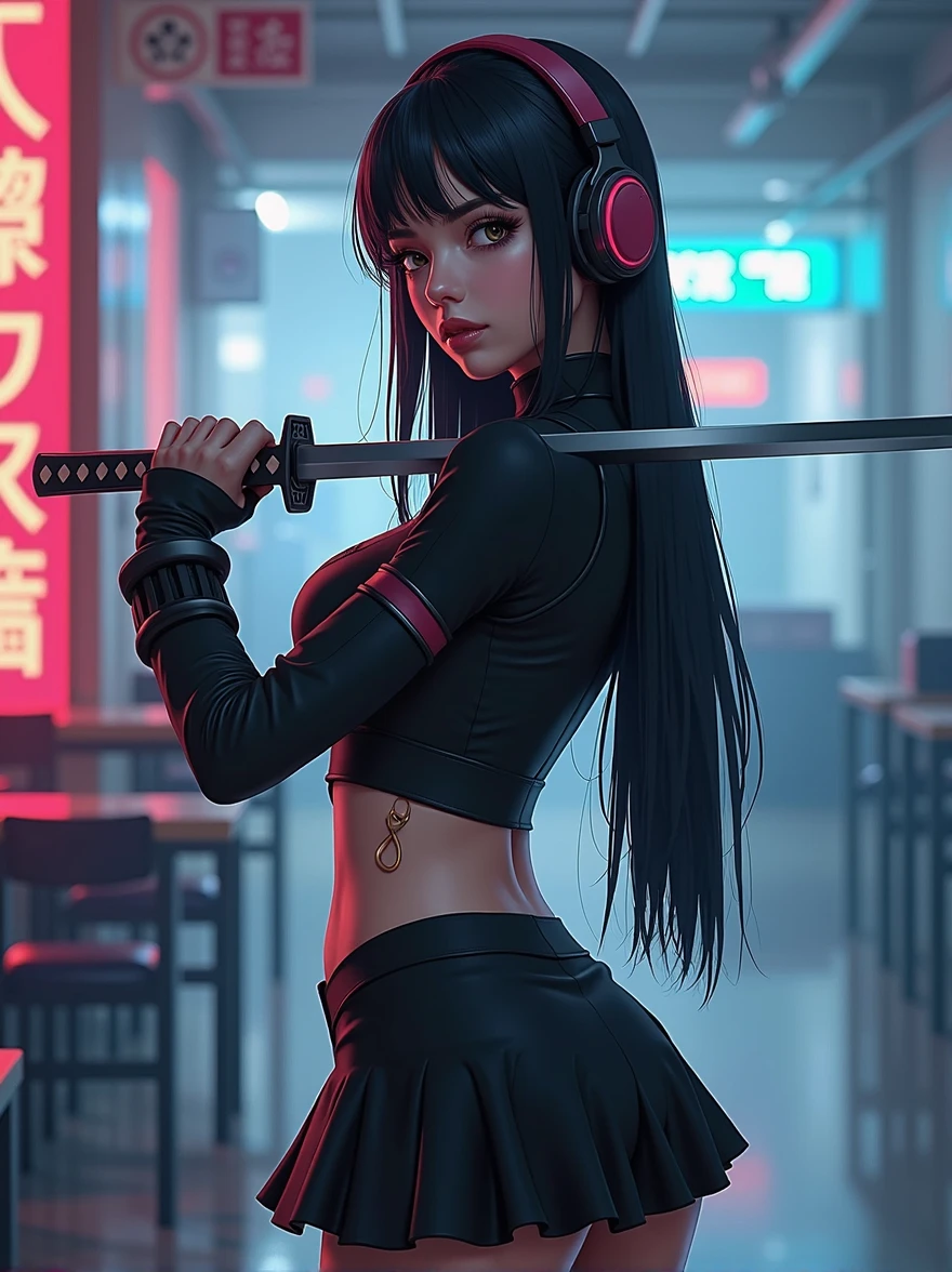 1woman,matured,perfect body,tall ,drawing a katana stance,stoic ,calm,cyber punk,school dress,skirt,high tech head phones,anime school scene,blunt bang hair,super long black hair,high tech cyber punk outfit,close up shot, AnimagineXL v3.1,