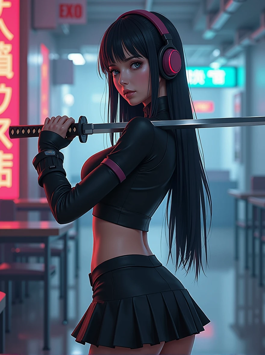 1woman,matured,perfect body,tall ,drawing a katana stance,stoic ,calm,cyber punk,school dress,skirt,high tech head phones,anime school scene,blunt bang hair,super long black hair,high tech cyber punk outfit,close up shot, AnimagineXL v3.1,