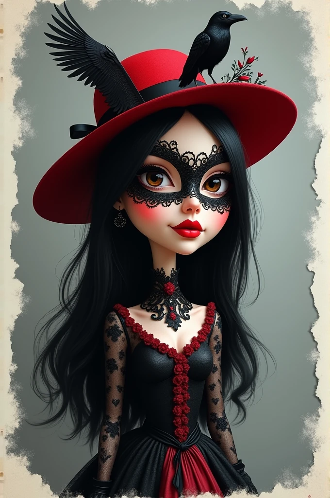 **4d caricature of a big headed, realistic beautiful woman, long black hair, wearing a red hat with a black raven on it, black ribbon & big black feather, she wears a black & red lacy half mask with intricate patterns, she has bright red matte lips, black & red lace dress with high lace collar, black boots background, Innovative street art in calm gray style, iconic portraits, torn paper, fragmented shapes, hyper-realism with intricate details, complementary colors, soft lighting, ultra-clear textures,uhd,16k**