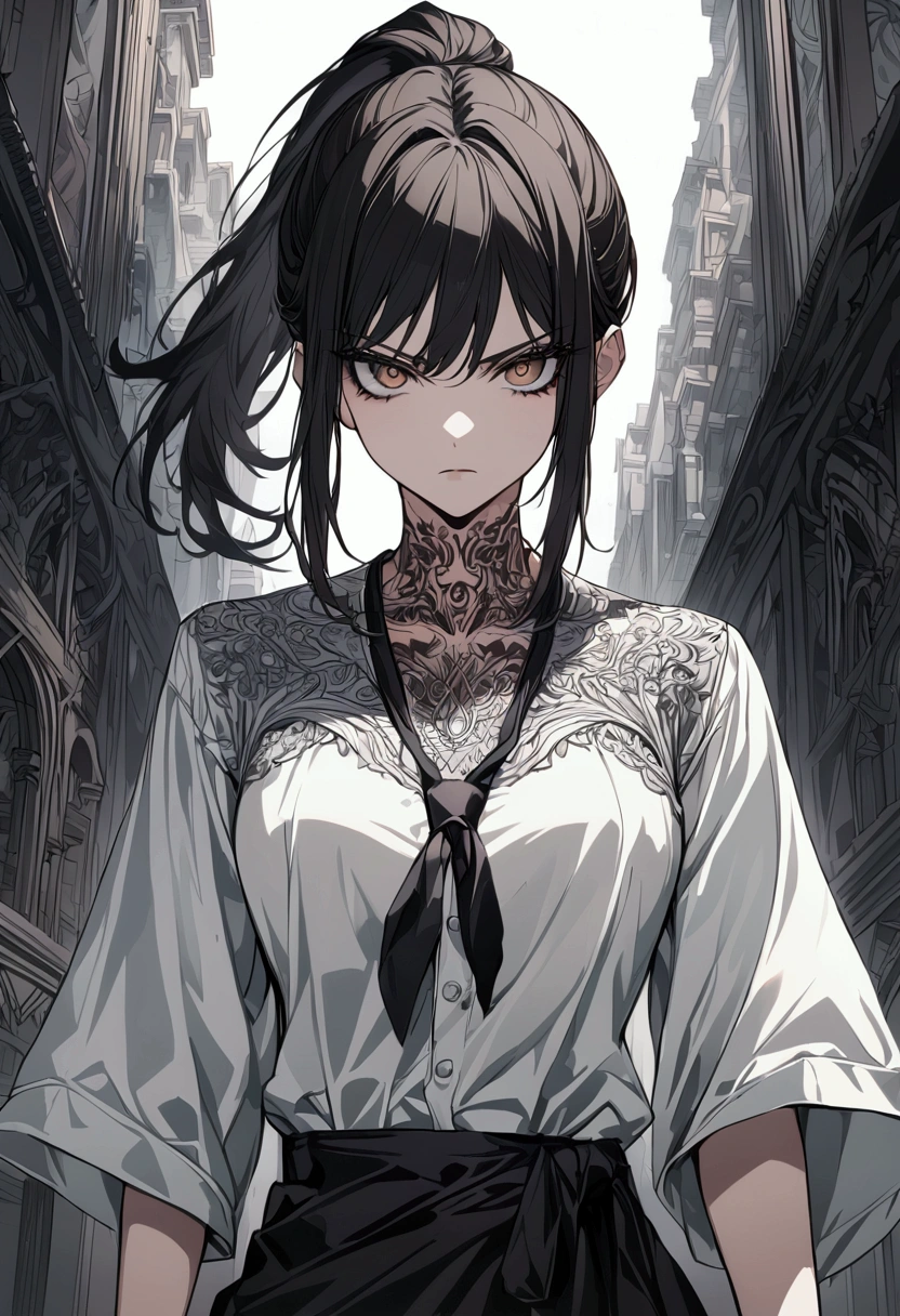 anime girl, black hair, hair in a ponytail, brown eyes, white shirt, half-loose tie, neck tattoo, serious expression, ultra quality, ultra detailed, detailed eyes, dark colors. elegant, stritorium