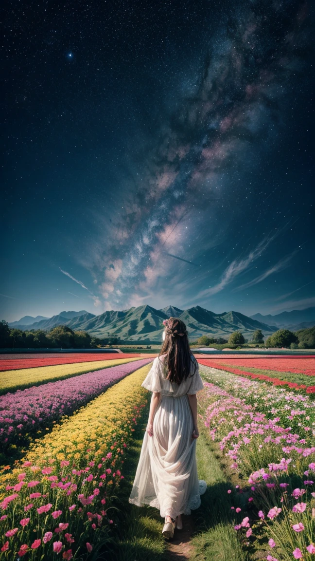 There is a girl standing in a flower field looking up at the sky, a girl standing in a flower field, a girl walking in a flower field, lost in a dreamy wonderland, standing in a flower field, fantastic digital painting, the sky gradually clears, the starry sky gradually recedes