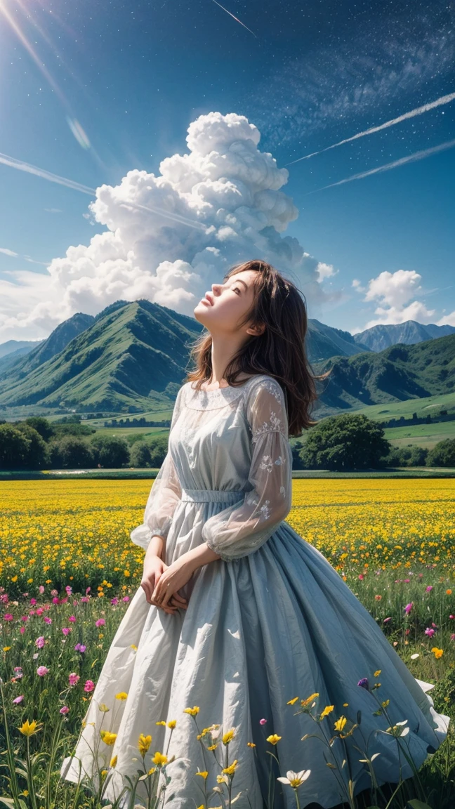 There is a girl standing in a flower field looking up at the sky, a girl standing in a flower field, a girl walking in a flower field, lost in a dreamy wonderland, standing in a flower field, fantastic digital painting, the sky gradually clears, the starry sky gradually recedes  