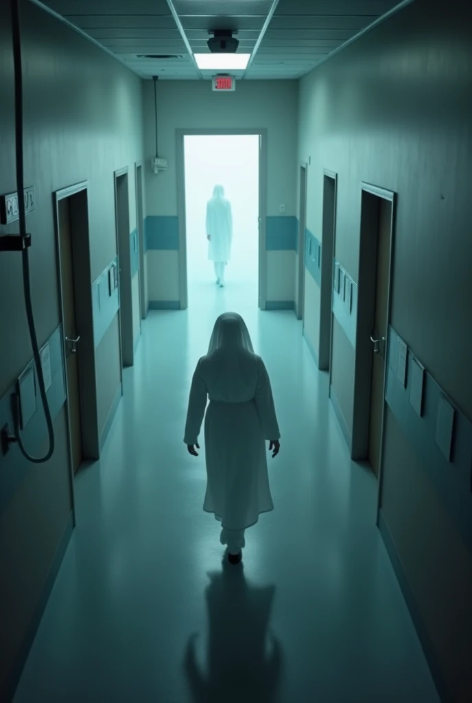 A hospital corridor seen through a security camera on the ceiling. In this corridor there are 3 open doors on each side. A ghost in white nurse's clothes comes out of the first door on the right and enters the first door on the left..