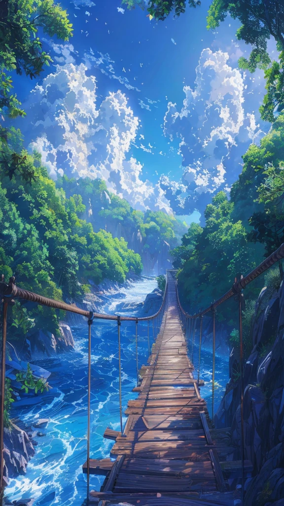 Anime Landscape of a bridge over a river with a sky background, beautiful Anime Landscape, Anime Landscape wallpaper, Anime Landscape, Anime Nature, Anime Nature wallpap, Anime Landscape, Anime Background art, Anime Background, Anime beautiful peaceful scene, Beautiful anime scene, Wallpaper Anime Blue Water, Anime rural scenery, Detailed scenery —width 672, Landscape Artwork