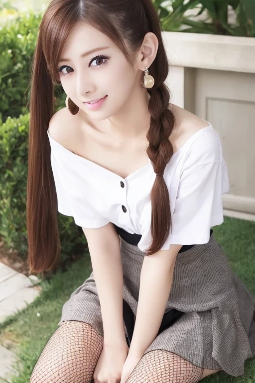 masterpiece、best quality、high resolution、wallpaper、Practical、Bright Lights、Professional lighting、Soft lighting、Japanese women、21 years old、aldult、Beautiful woman、action、Gravure printing、sexly、so beautiful、Beautiful skin、Exquisite、Delicate face、Slim、Red hair、Black Hair、Double eyelids、big eyes、Brown eyes、Long eyelashes、Thin lips、Blink、View Customers、Diamond Earrings、Light makeup、clavicle、Off-shoulder、mini skirt、Beautiful clavicle、Beautiful thighs、sit、outdoor、Smile、Gal Makeup、ponytail、Cleavage Emphasis、Panty shot、Leaning forward with arms outstretched、(Oversized white shirt Do not button)、Twin tails、(Fishnet tights)、