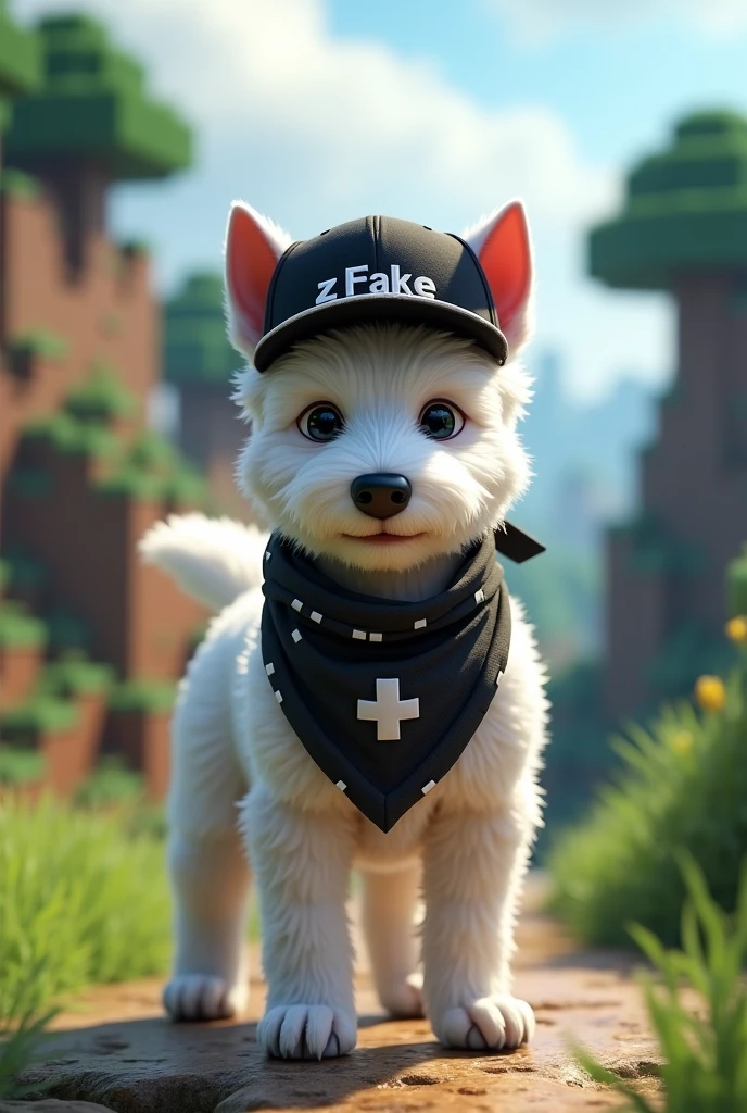 White terrier dog, brave white color, with a black bandana with white in the mouth and a black cap backwards saying zFake and a Minecraft background
