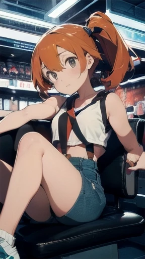 (The highest image quality, master piece:1.2), (Ultra Definition Illustration), BREAK, Misty, (1 girl:1.2), BREAK, Solo, (frustrated look:1.3), Full body, Round baby face, (Orange Hair with one pony tail:1.2), BREAK, (sleeveless short yellow crop top, a pair of red suspenders, exposed midriff), (bare thighs), denim shorts (bare shoulders, bare arms), BREAK, at a gym, Fancy Room, Beautiful legs,