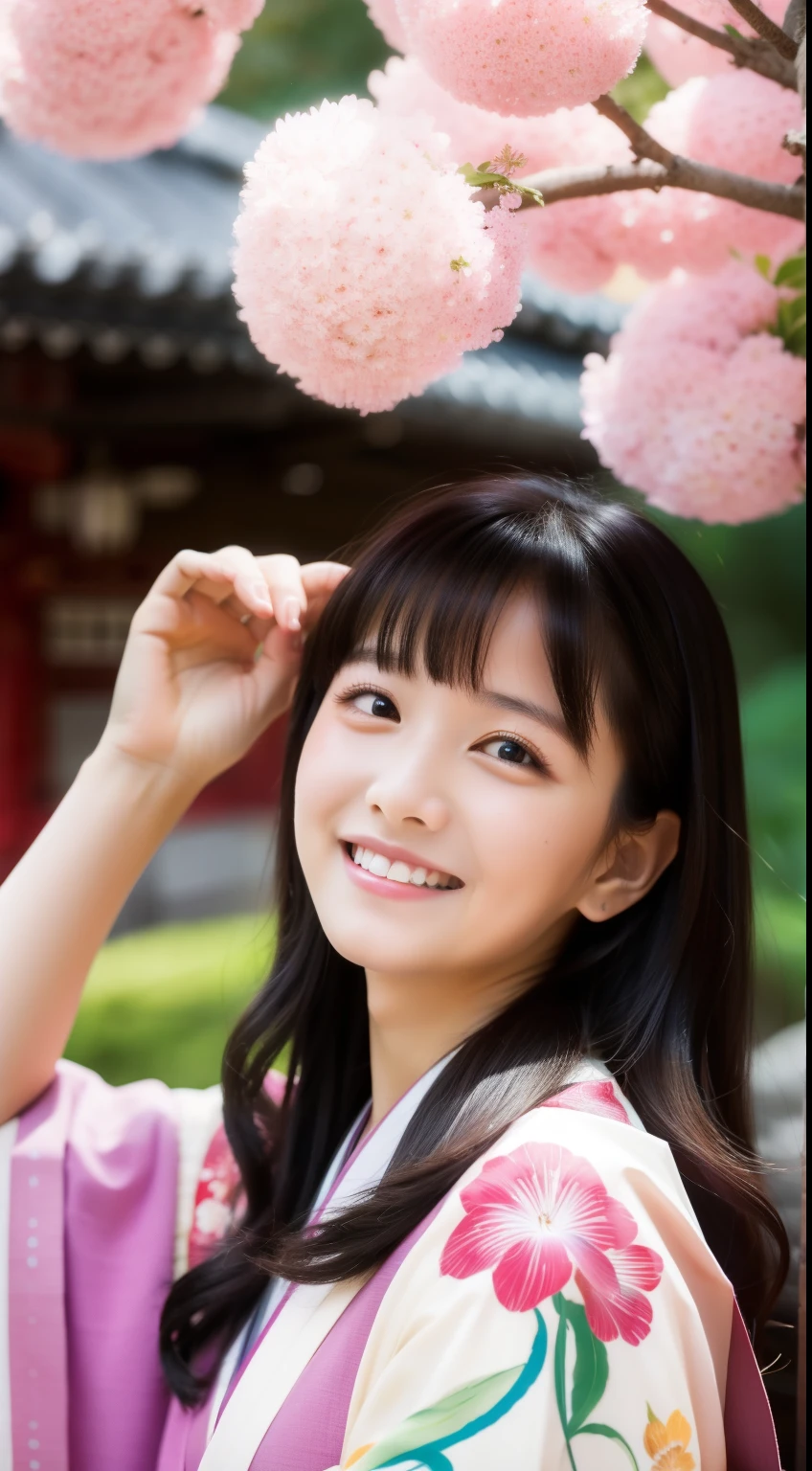 With open arms, Cute crying face, Laughs and Tears, 最high quality、high quality、Best image quality、8k、最High resolution、High resolution、temple, Realistic photos, Healthy body, Beautiful Eyes, Flowing black hair, Colorful kimono, Calm expression, Soft lighting, Traditional Japanese art style, Vibrant colors, Peaceful atmosphere, Delicate features, Graceful posture, Beautiful Landscape