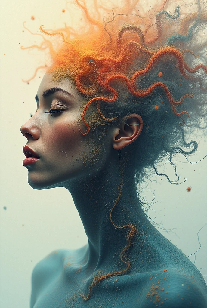 I AM a work of art OF DIFFERENT RACES THAT USES ALL THE ELEMENTS OF OTHER WORLDS surreal that IS the abstract form of a beautiful woman. His figure is composed entirely of intertwined SURREAL THINGS that come in and out, forming A BODY FROM ANOTHER WORLD. THINGS vary in thickness, some daring and others fine, creating a sensation of depth and movement. His face, partially obscured by the intricate patterns, reveals a serene and hopeful expression. The background is a dreamlike swirl of soft pastel colors that blend seamlessly with the lines., suggesting an otherworldly landscape. Subtle touches of light radiate from its shape, symbolizing hope and inner strength, as if emerging from chaos into a world of possibilities. The overall effect is both delicate and powerful., and captures the essence of beauty and hope in an abstract and surreal style. NOTABLE DEPTH OF FIELD RULE OF THIRDS 24K PHOTOSHOP-LIKE FINISH