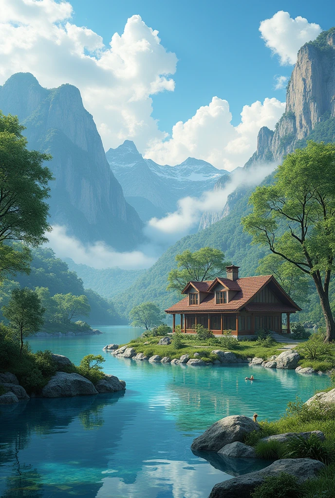 Unparalleled masterpiece, (photorealistic:1.4), best quality, beautiful lighting, (hot spring), (extremely detailed 8k wallpaper), full shot landscape photo of the most beautiful artwork in the world, cloudy sky background lush landscape house and trees illustration concept art