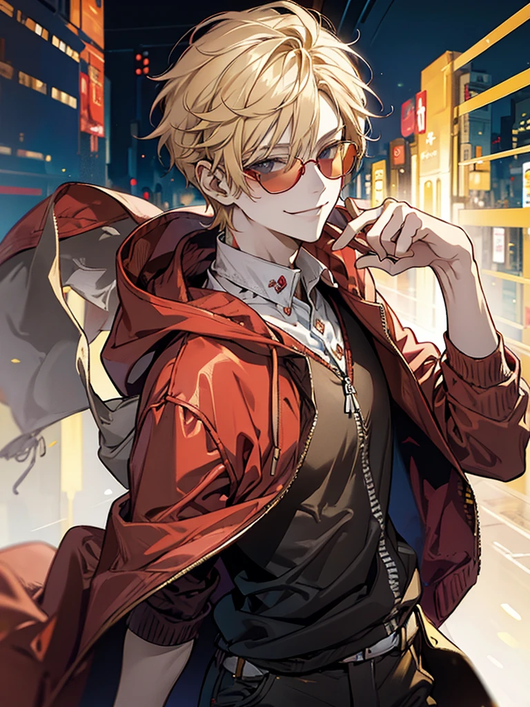 Male, handsome, cool, red sunglasses, hoodie, blonde, facing forward, smiling, refreshing