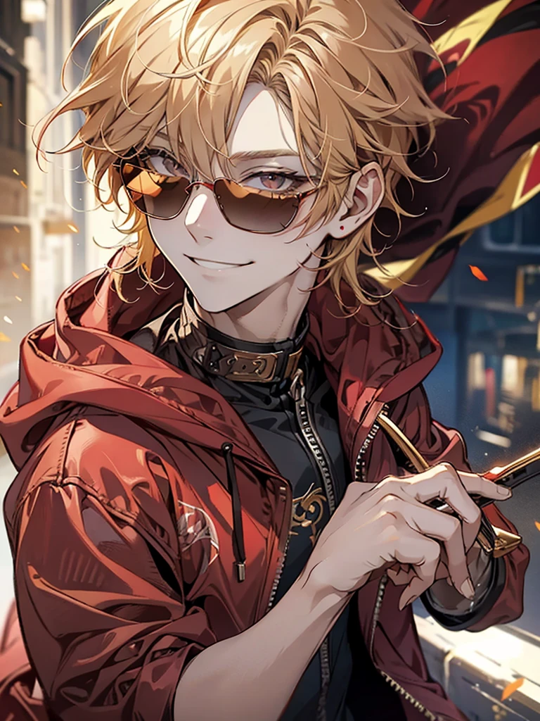 Male, handsome, cool, red sunglasses, hoodie, blonde, facing forward, smiling, refreshing