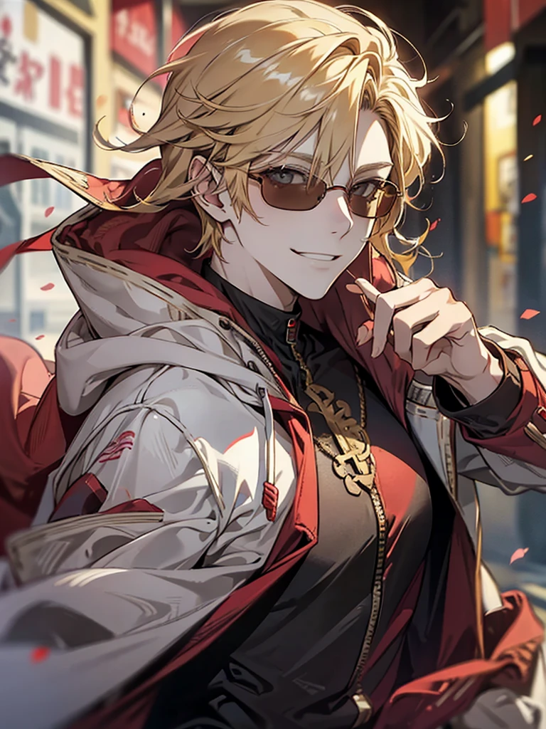 Male, handsome, cool, red sunglasses, hoodie, blonde, facing forward, smiling, refreshing