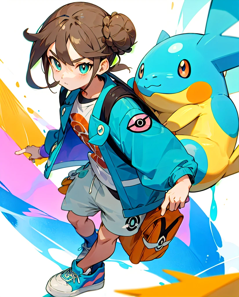 Do then
Pokemon style drawing. Light brown bun hair, slickedback hair, dark shaped eyes. Turquoise jacket, short azul, white sneakers. Com mochila tye dye. Next to pokemon mudkip.