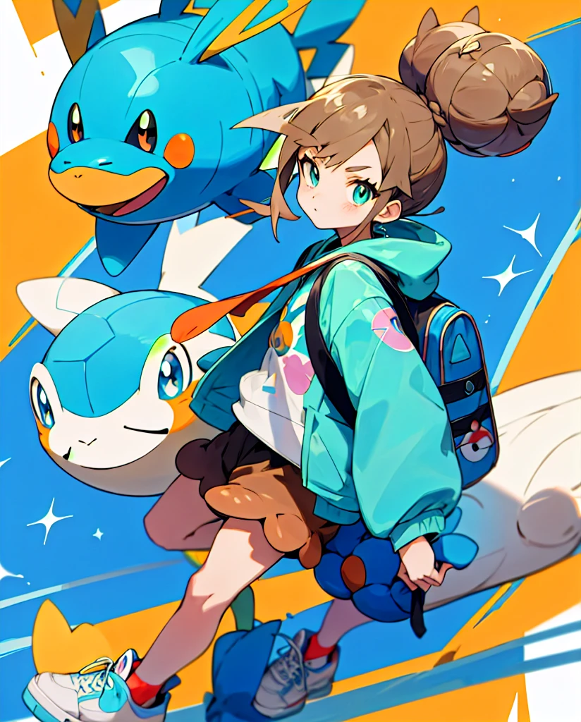 Do then
Pokemon style drawing. Light brown bun hair, slickedback hair, dark shaped eyes. Turquoise jacket, short azul, white sneakers. Com mochila tye dye. Next to pokemon mudkip.