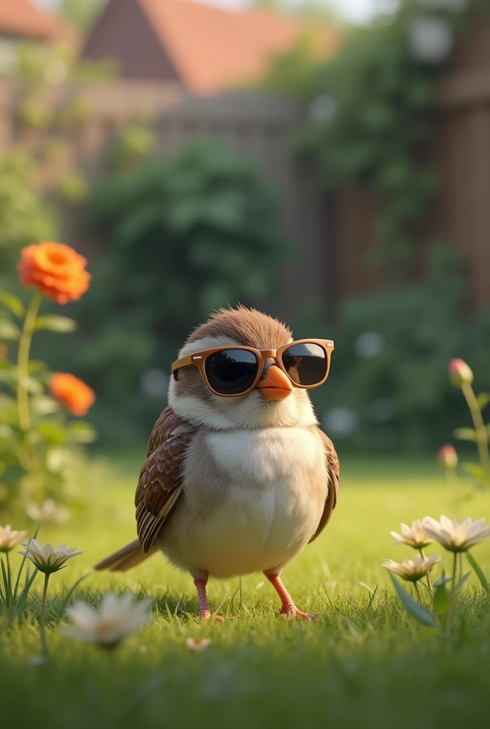 A sparrow in the yard wearing sunglasses 
