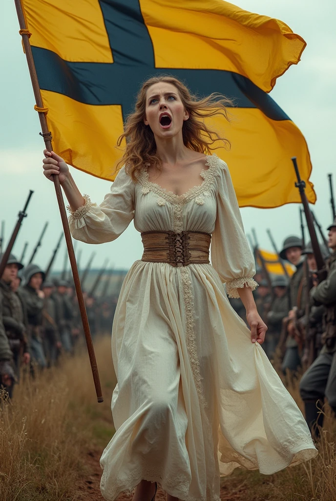 A lady in a war-stained white dress, in the 19th century, with allegories to freedom, and carry the flag in the shape of a cross, Swedish style, but with the yellow flag background and the black cross. and appear screaming and furious celebrating freedom on the battlefield, with rifles, dead, cannons, etc.