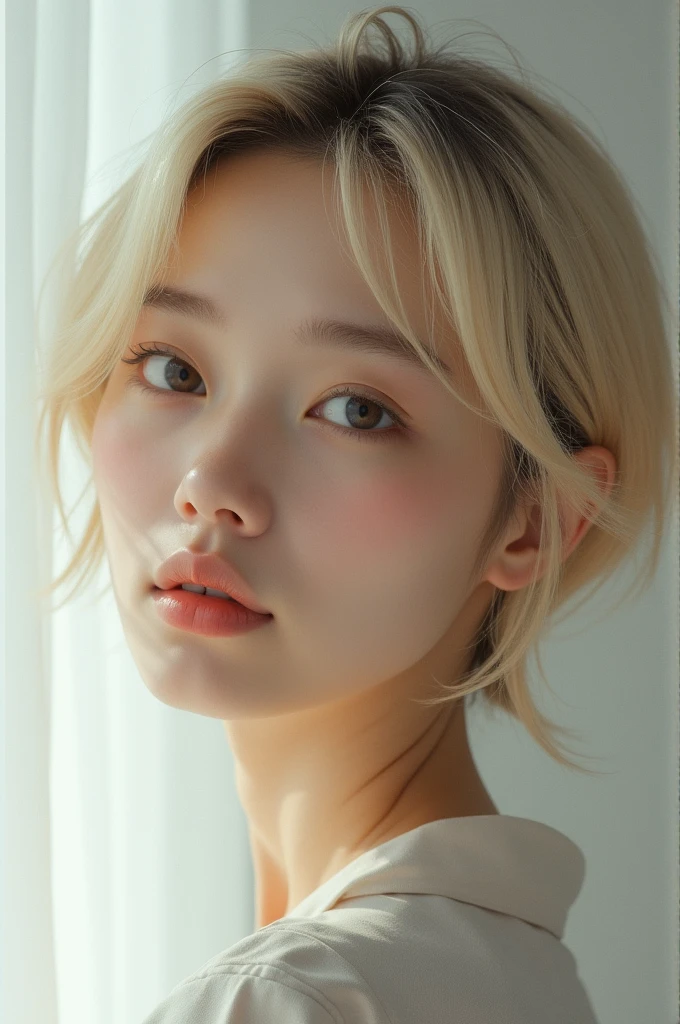 Blonde hair and Japanese woman with short hair , realisitic, 8k, detailded