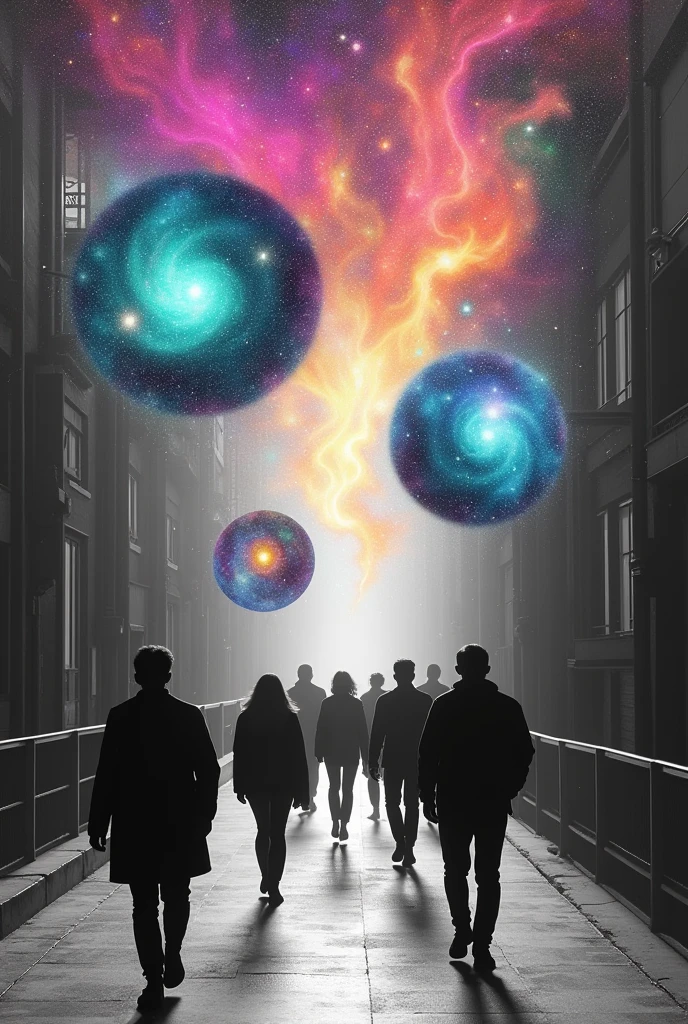 People walking on an avenue, everything in black and white. And above every human head colorful galaxies
