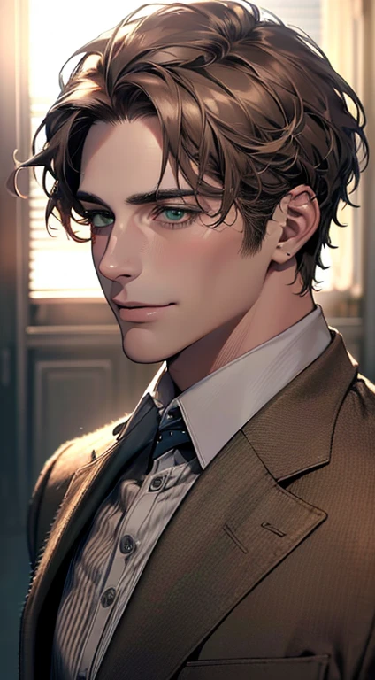 (best quality,4k,8k,highres,masterpiece:1.2),ultra-detailed,(realistic,photorealistic,photo-realistic:1.37),cinematic lighting,1:4 hdr image,a mature man, 29 years old,very handsome,cold expression smile in love, short grey brown hair, green eyes,flawless face,buttoning his jacket,CEO