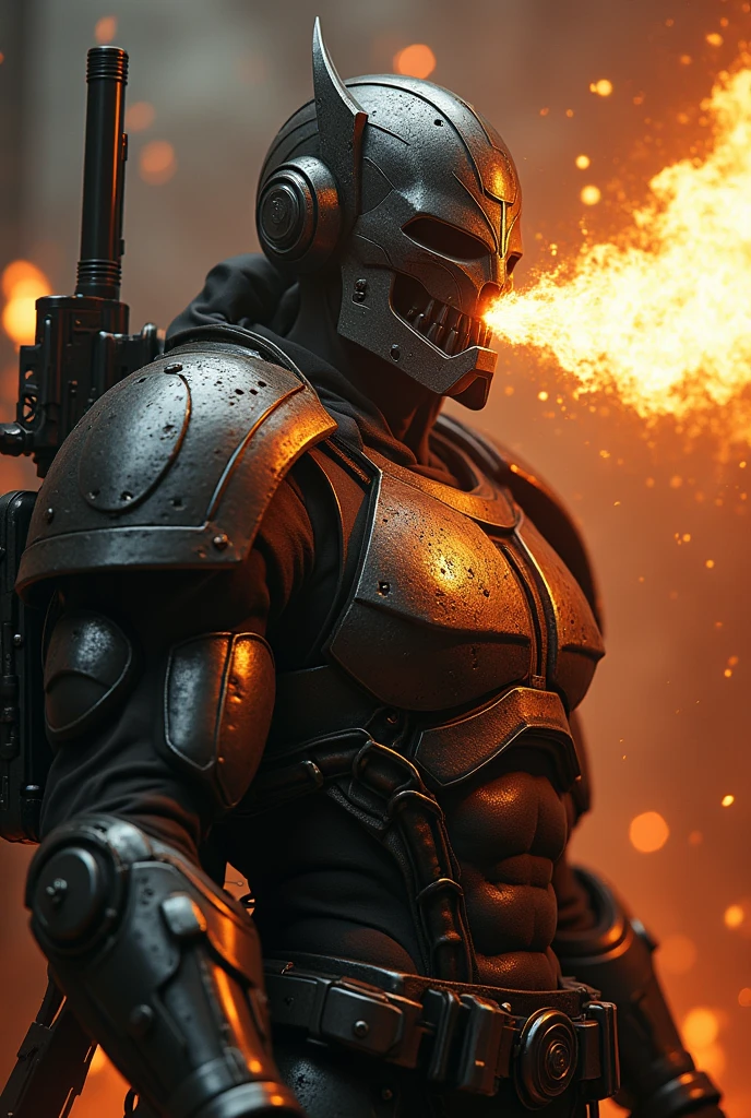 ((A masterpiece in 8K, with style inspired by album covers of heavy metal and punk rock art)). | A man is portrayed in a powerful pose, with a gun in one hand and fire coming out of his mouth, wrapped in a full metal armour. He displays a layer of overlapping metal, representing the metal album cover style, with rich details and a heavy and dramatic aesthetic. Its metallic skin and metal costumes are highly detailed, reflecting the intensity of the heavy metal style. | The setting presents a cinematographic composition with dramatic and volumetric lighting, with fog and chiaroscuro to highlight the visual impact. The lighting creates a glatant and dirty effect, capturing the grunge and punk rock essence. | The image is marked by a hyper-realistic style, with detailed details and a rich texture that complements the heavy and bold atmosphere of metal cover art. | ((((((full body image))))), ((perfect pose, perfect anatomy, perfect body)), ((better hands, perfect fingers, perfect legs, perfect hands)), ((perfect composition, perfect design, perfect layout, perfect detail, ultra detailed, enhance details, correct imperfections):1.2), ((More Detail, Enhance)).