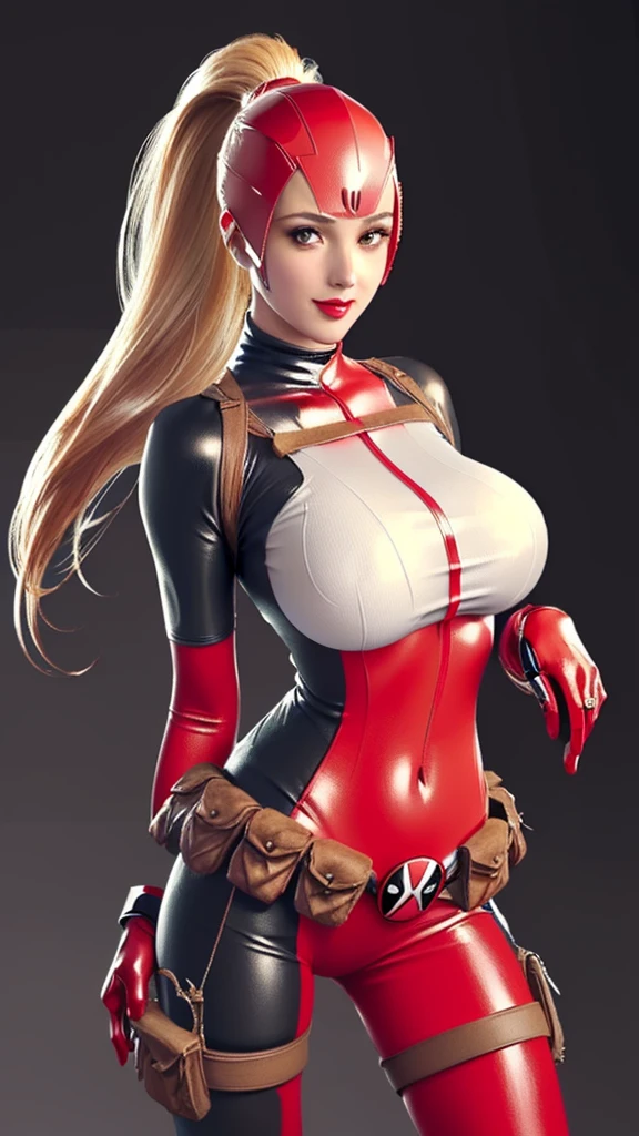 (（（Perfect body,White and tender skin,（（（BodySuit_lady_deadpool_ownwaifu，bodysuit, skin tight, superhero, Belt Pouch, utility belt, red bodysuit, gloves, weapon on back, thigh pouch, thigh strap, thigh holster, belt buckle, turtleneck,  ）））,（（（ailisha，Black long hair, super long hair, slanted bangs, brown eyes, red lips））），((masterpiece)),high resolution, ((Best quality at best)),masterpiece,quality,Best quality,（（（ Exquisite facial features,Looking at the audience,There is light in the eyes,Smile））），）））,（（（Light and shadow,Huge breasts，）））,（（（Looking at the camera,black background,)））),