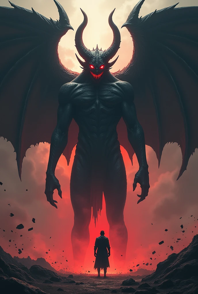 The image of a giant, shiny black demon, Kresen, reflecting the blood-red light, a twisted face with evil, amber-colored eyes, and large black wings spread out from its back. Amidst the debris blown by a mysterious wind, Tong stands in front of Kresen, juxtaposed with the demon's enormous size. The overall atmosphere is terrifying and mysterious, emphasizing the evil and powerful nature of Kresen. No people are around.