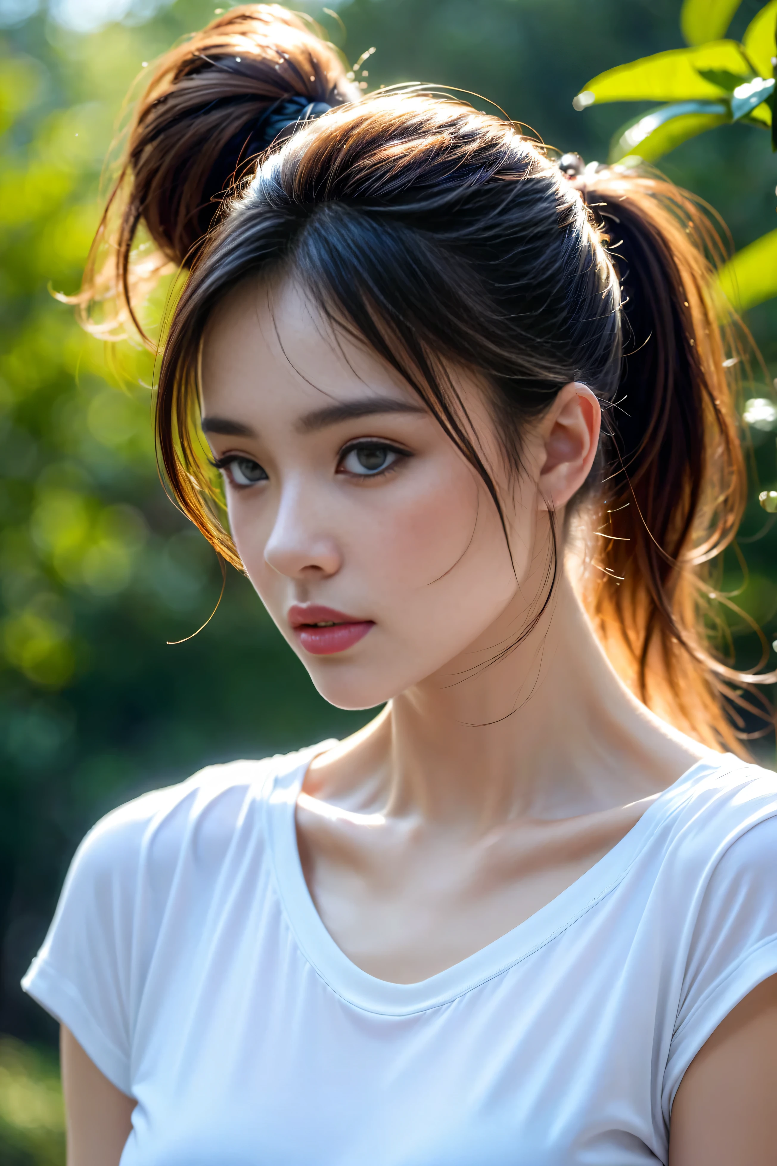 (masterpiece, best quality), a woman in a sexy t-shirt, looking from the side, with a ponytail, detailed face, beautiful eyes, long eyelashes, delicate nose, full lips, detailed clothing, photorealistic, highly detailed, cinematic lighting, warm color tones, natural skin tones, dynamic pose, outdoor environment, lush vegetation, sun rays, realistic textures