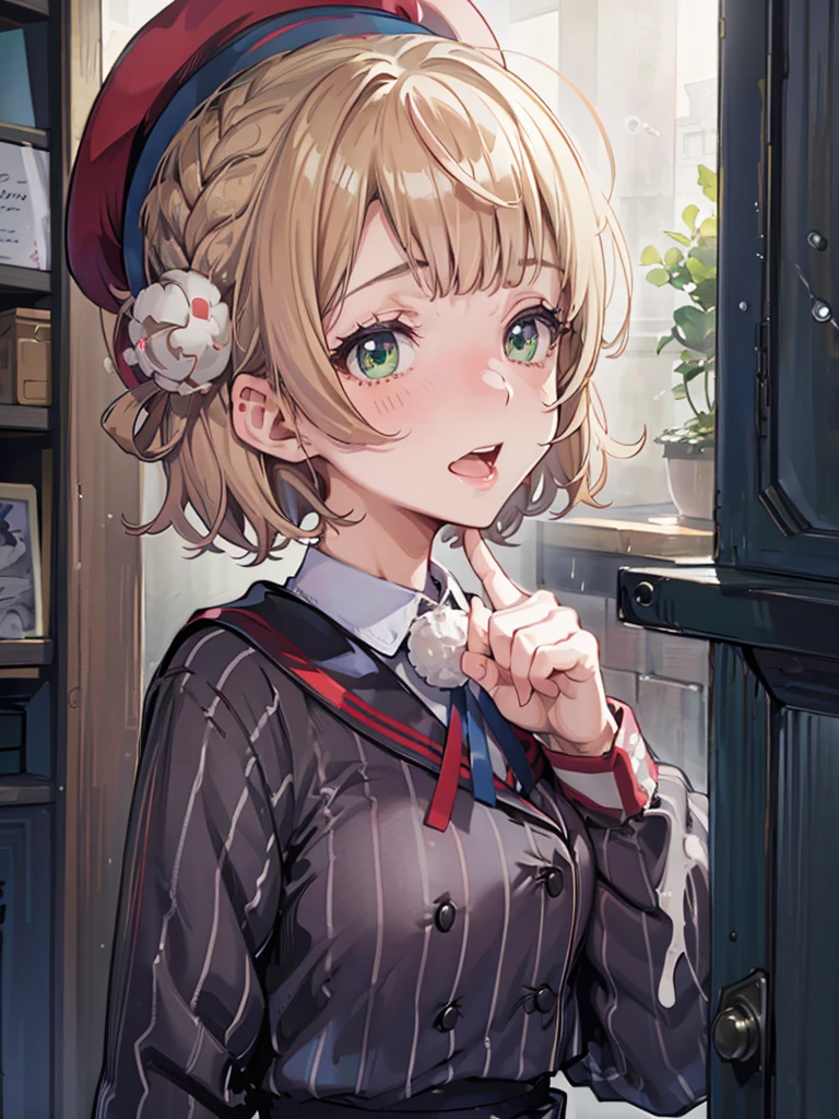 nipples out, ui1, 1girl, solo, hair rings, green eyes, pom pom hair ornament, sailor collar, long sleeves, striped jacket, braid, vertical_striped skirt, vertical stripes, beret, sidefellatio, fellatiofrom side,1boy, perfect penis, fellatio, cum, maid, (embarrassed:1.5), open mouth, (((cum on facial))), detailed face, best quarity, smile, afterglow, aroused, cum on hair, pojecile cum, bukkake