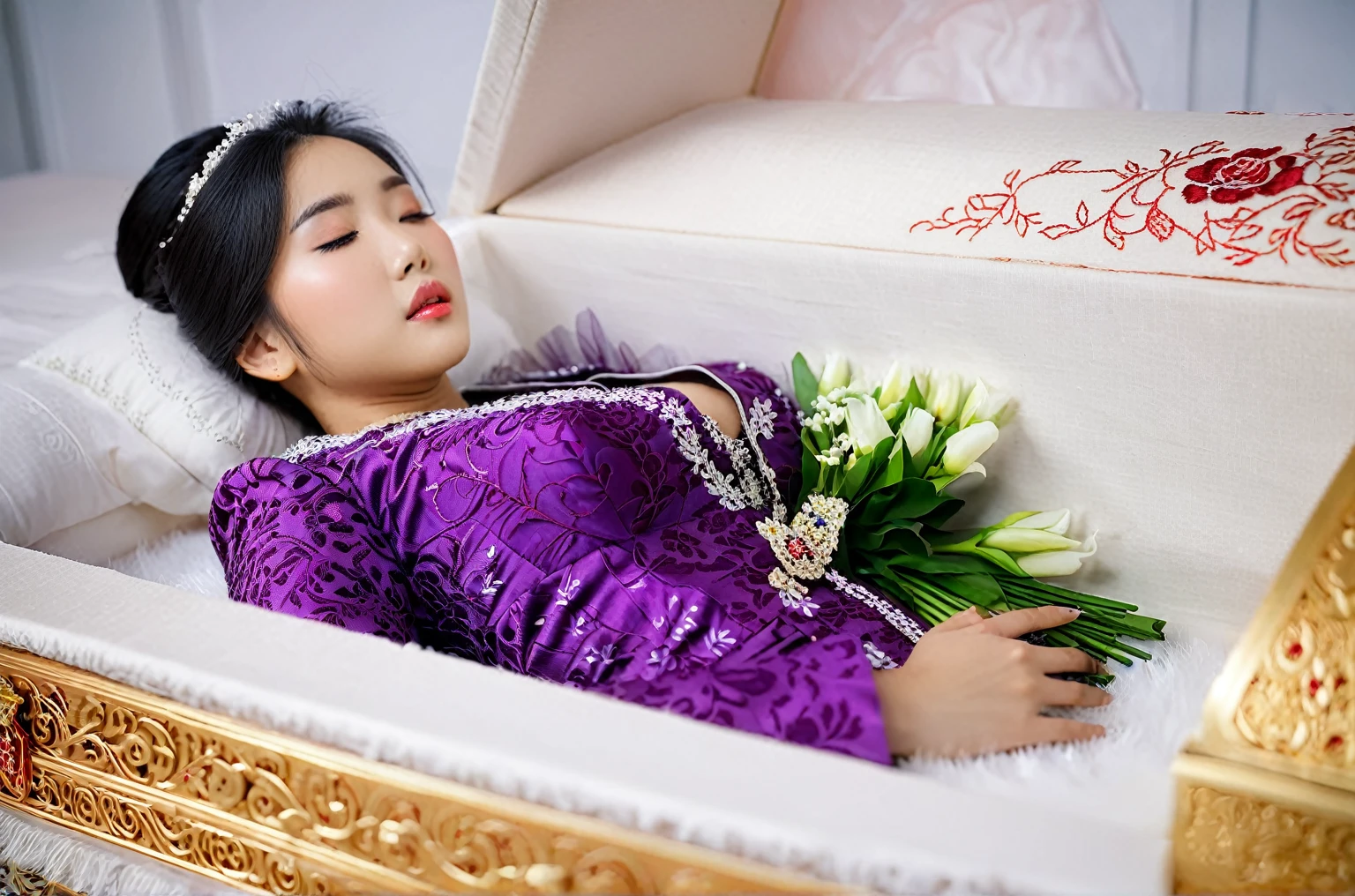 In a striking 8K HDR scene, a stunning Korean woman, 22 years old, lies peacefully in a long coffin and coffin lid beside the dead body. surrounded by plush pillows behind head. The deep box is set against a rich white background, accentuating the beauty of the subject. Her exquisite deep-V neckline kebaya attire is embroidered with superb detail, showcasing her round and firm breasts, perfect cleavage, and beautiful eyebrows. Her closed eyes and mouth give an air of serenity, while her visible and absolute cleavage leave nothing to imagination. The scene is bathed in saturated colors, highlighting every intricate aspect from the ball skirt to her clean face, straight body, detailed hand perfect hands, straight body, own hands together, own hand on stomach, detailed hands, perfect hands, holding the flowers