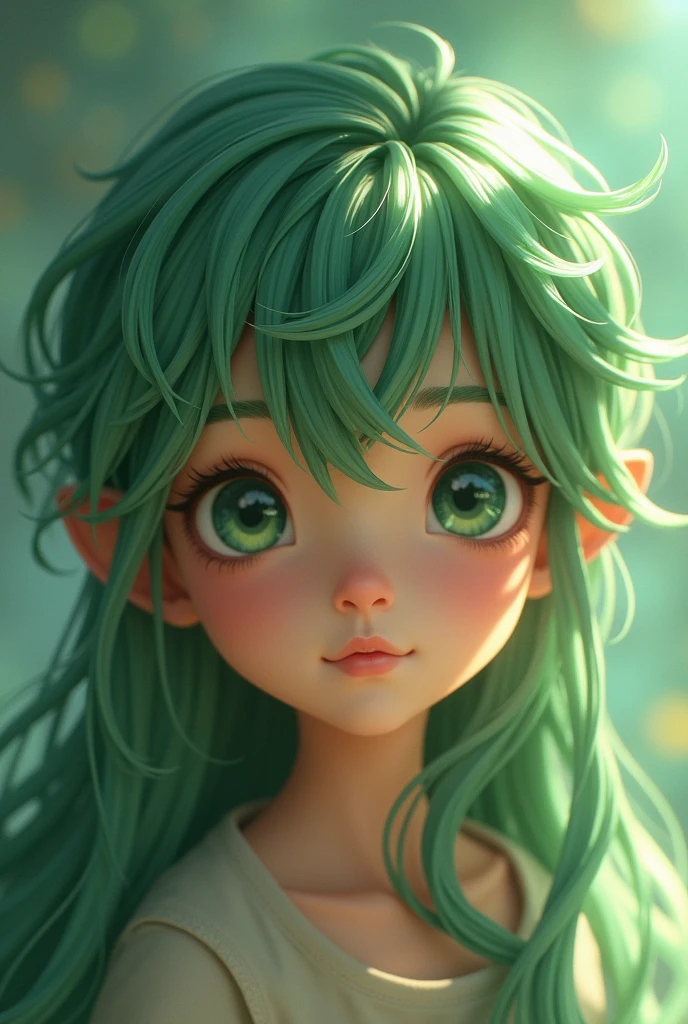 A beautiful boy with long green hair stares with a sweet expression