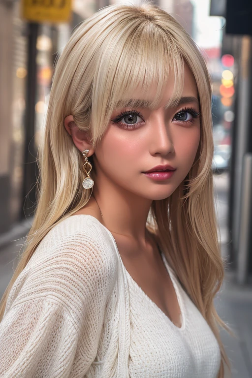 (Highest quality、4K、8k、High resolution、masterpiece:1.2)、Very detailed、(Genuine、Realistic、Realistic:1.3)、bustling street、Ear piercing、、Gal Makeup、Gal Fashion、((Blonde))、